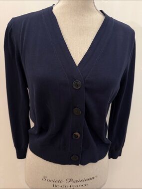 Uterque Navy V-Neck Button Front Cardigan, waist length, medium